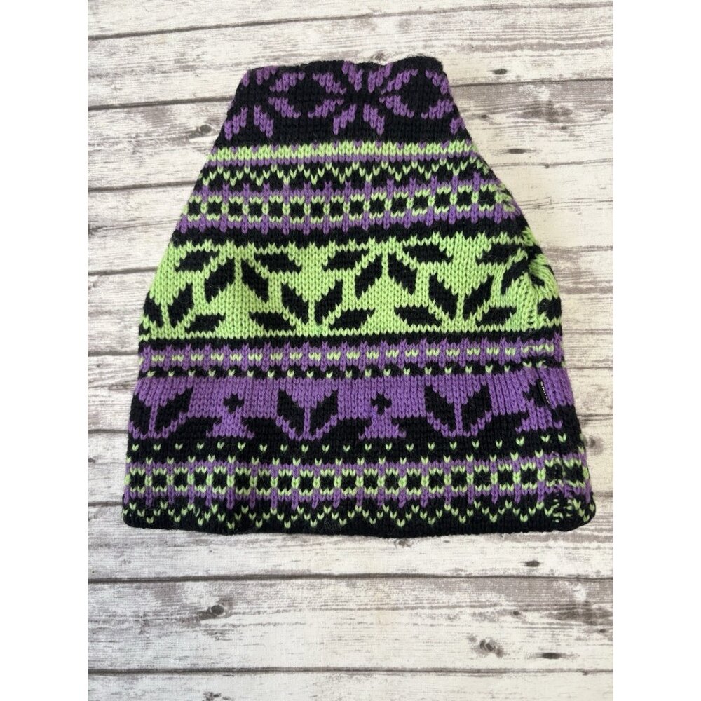 Vintage Smiley Wool Knit  Hat Made in USA Geo Geometric Print Green Purple